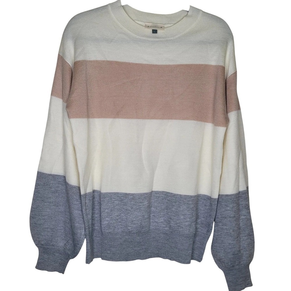 alredine Ivory Beige‎ Gray Knit Pullover Sweater Colorblock Striped Crew L Women